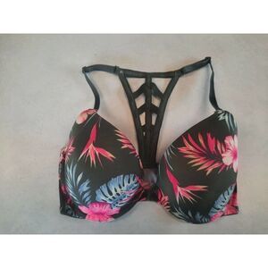 Victorias Secret PINK Front Close Push-Up Bra 32DD Caged Racerback Logo Tropical